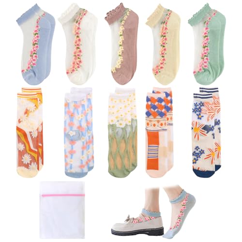 Rbleote 10 Paar Nylon Socken Damen,Feinstrumpfsöckchen,Dünne Transparente Süße Socken,Blumenmuster,Stilvoll und Exquisit,mit Wäschesack,Geeignet für Damen und Mädchen von Rbleote