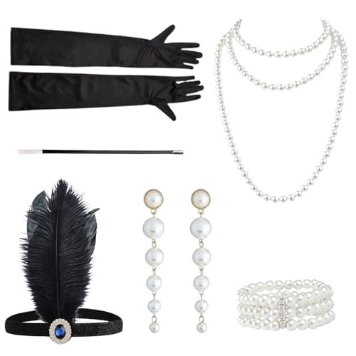 Rbleote 6 Teiliges 20er Jahre Accessoires Great Gatsby Accessoires Set 1920er Accessoires Damen Mit Haarbänder Handschuhe Ohrringe Armband Halsketten Kunststoffrohr Elegant Party Abschlussball von Rbleote