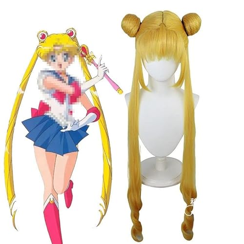 Anime Cosplay Perücke, Sailor Moon Perücke, Tsukino Usagi Perücke, frauen Goldene Doppel Schachtelhalm Lange Haar Mit Perücke Kappe, für Halloween, Party, Karneval, Nachtleben von Rcrllya