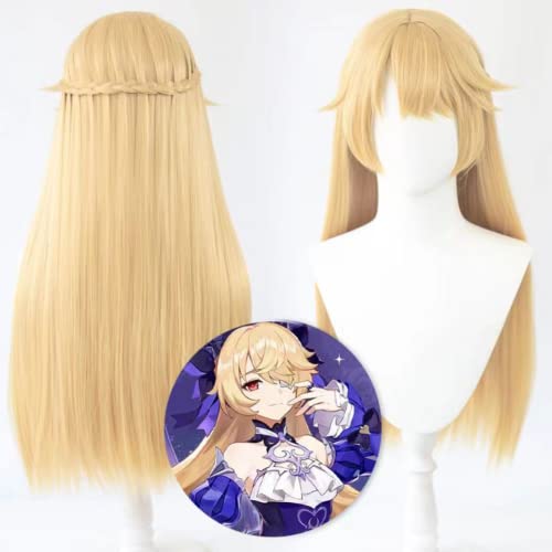 Anime Genshin Impact Cosplay Perücke Fischl Perücke Damen lange blonde Zöpfe Haar perücken für Halloween Party Kostüm Karneval Perücke Mütze von Rcrllya