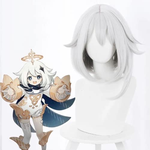 Anime Genshin Impact Cosplay Perücke Paimon Perücke Damen Silber Grau Kurzhaar für Halloween Party Kostüm Karneval Perücke Cap von Rcrllya