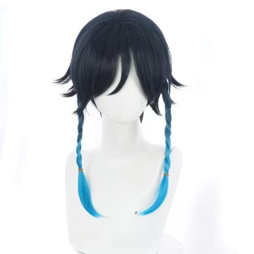 Anime Genshin Impact Cosplay Perücke Venti Perücke Blau Zopf Kurzhaar perücken für Halloween Party Kostüm Karneval Perücke Mütze von Rcrllya