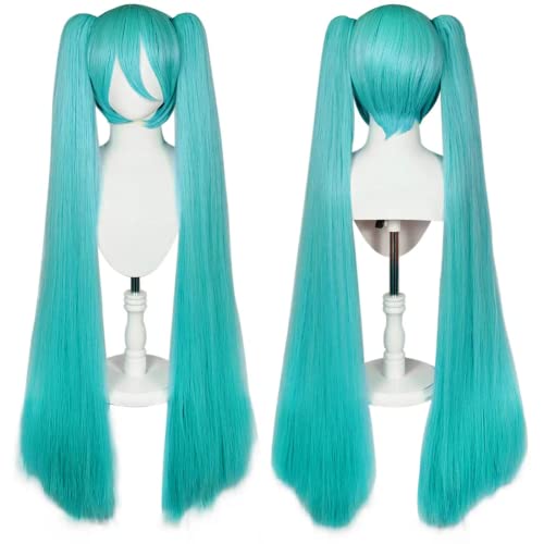 Hatsune Miku Lolita Cosplay Perücke Grün Perücke mit Pony für Frauen mit Zwei Pferdeschwänzen Lange Gerade Synthetische Grün Cosplay Perücke für Halloween Kostüm Party von Rcrllya