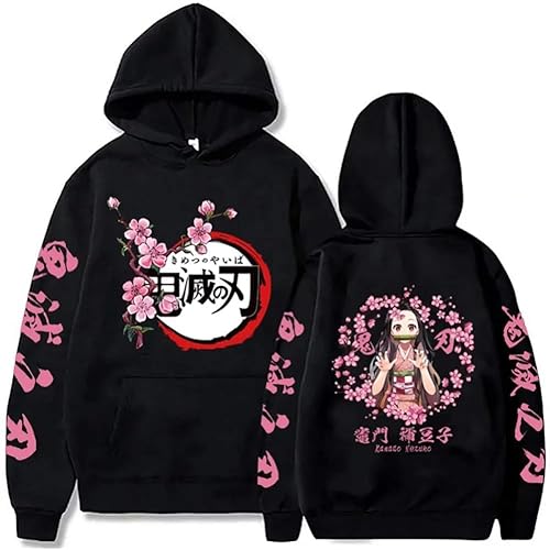 Rcrllya Dämon Slayer Anime Hoodie Kamado Nezuko Grafik Bedruckte Hoodies Sweatshirts Damen Herren Casual Streetwear Harajuku Paar Pullover Tops (Schwarz,L) von Rcrllya