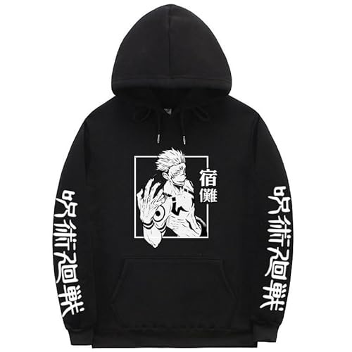 Rcrllya Jujutsu Kaisen Ryomen Sukuna Anime Hoodie Übergroße Herbst Winter Fleece Sweatshirt Männer Frauen Langarm Pullover (Schwarz,2XL) von Rcrllya