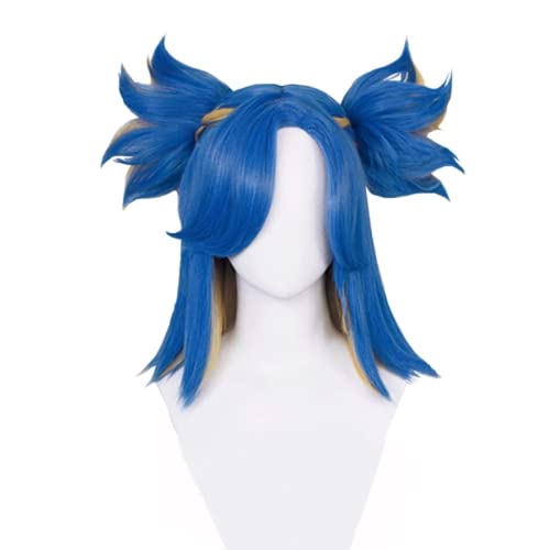 Spiel Valorant Neon Cosplay Perücke Kurz Blau Blonde Mit Zwei Pferdeschwanz Clip Hitze Beständig Haar Halloween Rolle Spielen Perücken Perücke kappe von Rcrllya