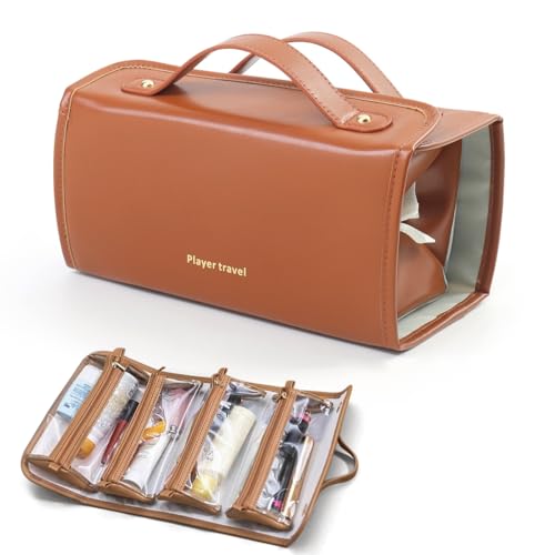 Kosmetiktasche Damen, Große Make Up Tasche, Kulturtasche zum Aufhängen Reise Waschtasche, Schminktasche mit Transparente Trenner (Braun) von Rdddhur