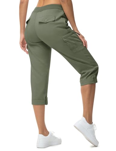 Rdruko 3/4 Hose Damen Cargohose Sommerhose Leicht Caprihose Wanderhose Sommer Trekkinghose Outdoorhose Mit 6 Taschen-Armeegrün XXL von Rdruko