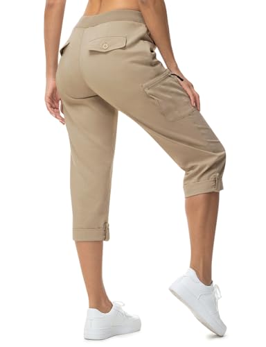 Rdruko 3/4 Hose Damen Cargohose Sommerhose Leicht Caprihose Wanderhose Sommer Trekkinghose Outdoorhose Mit 6 Taschen-Khaki S von Rdruko