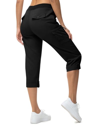 Rdruko 3/4 Hose Damen Cargohose Sommerhose Leicht Caprihose Wanderhose Sommer Trekkinghose Outdoorhose Mit 6 Taschen-Schwarz 3XL von Rdruko