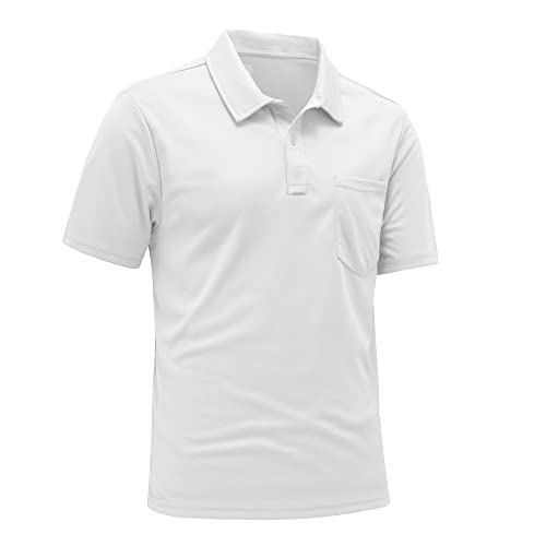 Rdruko Atmungsaktive Poloshirts für Herren, Sommer, kurzärmelig, feuchtigkeitsableitend, schnell trocknend, lässig, Arbeit, Golf-Tops mit Tasche, weiß, XL von Rdruko