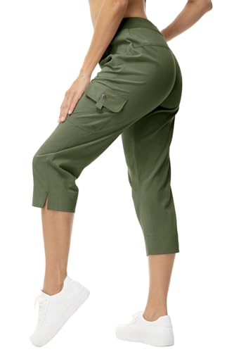 Rdruko Caprihose Damen Cargohose 3/4 Hose Sommerhose Leicht Wanderhose Schnelltrocken Jogginghose Freizeithose mit Taschen für Reisen Wandern Outdoor Sport - Armeegrün, S von Rdruko