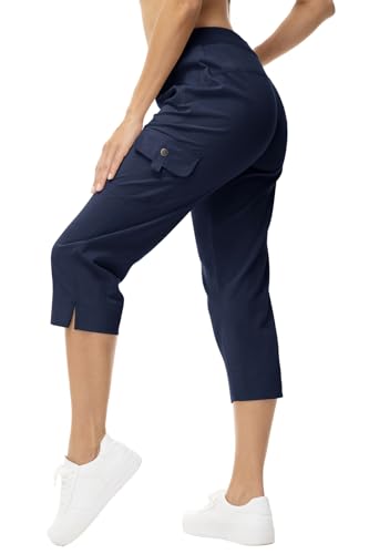 Rdruko Caprihose Damen Cargohose 3/4 Hose Sommerhose Leicht Wanderhose Schnelltrocken Jogginghose Freizeithose mit Taschen für Reisen Wandern Outdoor Sport - Dunkelblau, XL von Rdruko