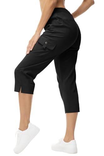 Rdruko Caprihose Damen Cargohose 3/4 Hose Sommerhose Leicht Wanderhose Schnelltrocken Jogginghose Freizeithose mit Taschen für Reisen Wandern Outdoor Sport - Schwarz, S von Rdruko
