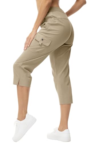Rdruko Cargohose Damen Leicht Wanderhose Stretch 3/4 Hose Sommer Caprihose Atmungsaktiv Sporthose Athletisch Reisen Lässig Outdoorhose mit Taschen - Grau-Khaki, S von Rdruko