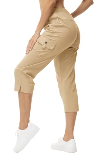 Rdruko Cargohose Damen Leicht Wanderhose Stretch 3/4 Hose Sommer Caprihose Atmungsaktiv Sporthose Athletisch Reisen Lässig Outdoorhose mit Taschen - Khaki, L von Rdruko