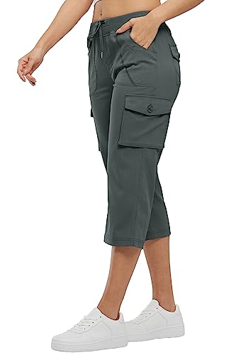 Rdruko Damen Cropped Hose Elastische Hohe Taille Damen Casual Caprihose Sommer 3/4 Länge Cargo Shorts mit Multi Taschen Kordelzug, dunkelgrau, L von Rdruko