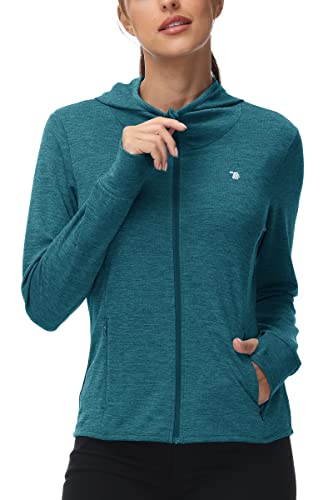 Rdruko Damen Laufjacken Reißverschluss Hoodie Damen Fit Langarm Sport Workout Kapuzen-Sweatshirt Leichte Gym Tops mit Daumenlöchern, Dunkelcyan, 48 von Rdruko