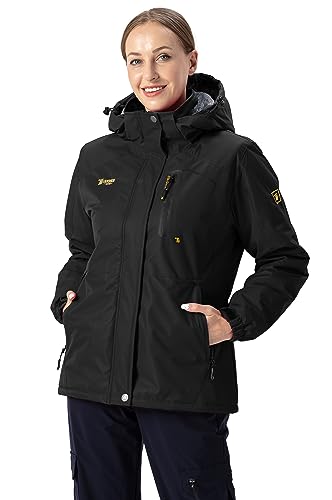 Rdruko Damen wasserdichte Jacken Outdoor Fleece Thermo Wintermäntel Damen Camping Wandern Skifahren Jacke mit abnehmbarer Kapuze Multi Reißverschlusstaschen, Schwarz , 36 von Rdruko