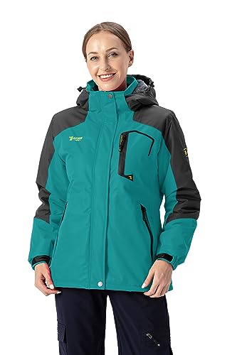 Rdruko Damen wasserdichte Jacken Outdoor Fleece Thermo Wintermäntel Damen Camping Wandern Skifahren Jacke mit abnehmbarer Kapuze Multi Reißverschlusstaschen, türkis, 38 von Rdruko