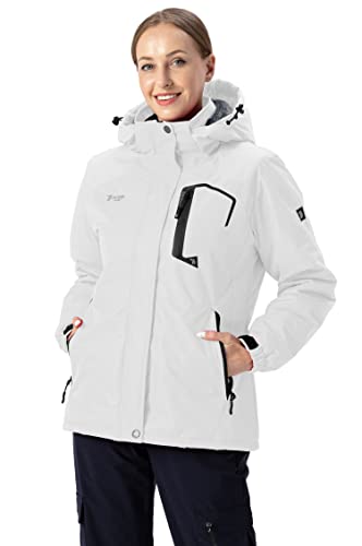 Rdruko Damen wasserdichte Jacken Outdoor Fleece Thermo Wintermäntel Damen Camping Wandern Skifahren Jacke mit abnehmbarer Kapuze Multi Reißverschlusstaschen, weiß, 46 von Rdruko