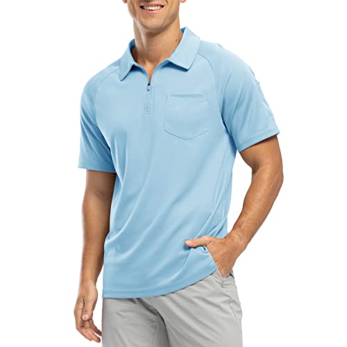 Rdruko Herren 1/4 Reißverschluss Poloshirts mit Tasche Sommer Kurzarm Atmungsaktiv Schnell Trocknen Golf Tennis Tops Casual Smart Work T Shirts, himmelblau, M von Rdruko