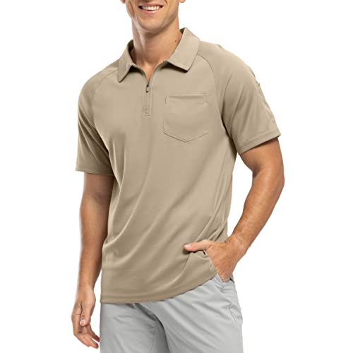 Rdruko Herren 1/4 Reißverschluss Poloshirts mit Tasche Sommer Kurzarm Atmungsaktiv Schnell Trocknen Golf Tennis Tops Casual Smart Work T Shirts, khaki, 3XL von Rdruko