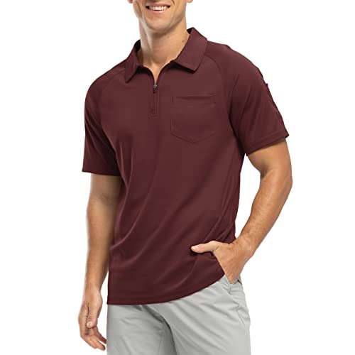 Rdruko Herren 1/4 Reißverschluss Poloshirts mit Tasche Sommer Kurzarm Atmungsaktiv Schnell Trocknen Golf Tennis Tops Casual Smart Work T Shirts, weinrot, L von Rdruko