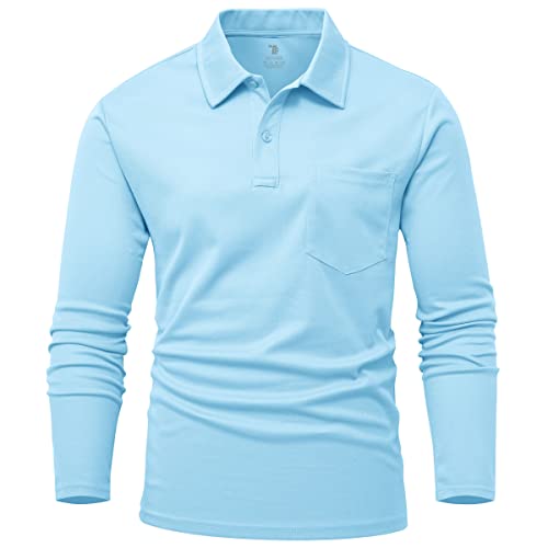 Rdruko Herren Atmungsaktive Langarm Poloshirts Casual Smart Button Neck T-Shirts Feuchtigkeitstransport Schnell Trocknen Arbeit Golf Wandern Tops mit Tasche, himmelblau, L von Rdruko
