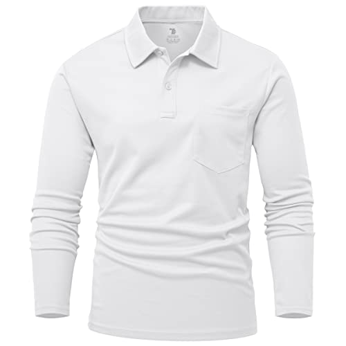 Rdruko Herren Atmungsaktive Langarm Poloshirts Casual Smart Button Neck T-Shirts Feuchtigkeitstransport Schnell Trocknen Arbeit Golf Wandern Tops mit Tasche, weiß, S von Rdruko