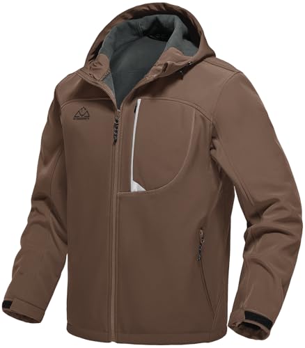 Rdruko Softshelljacke für Herren, mit Fleece gefüttert, wasserdicht, leicht, Outdoor, Wandern, mit Kapuze, Winterjacke, Braun, XL von Rdruko