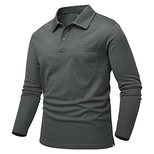 Rdruko Herren Poloshirts Langarm Casual Smart Atmungsaktiv Arbeit T-Shirts Wicking Quick Dry Golf Shirts mit Tasche, dunkelgrau, 3XL von Rdruko