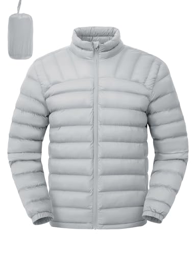 Rdruko Herren Puffer Packable Leichte Jacke Winter Winddicht Daunen Alternative Stehkragen Mantel, Hellgrau, X-Large von Rdruko