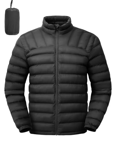 Rdruko Herren Pufferjacken, verstaubar, leicht, Winter, winddicht, warm, Stehkragen, isolierter Skimantel mit 4 Taschen, Schwarz, XX-Large von Rdruko