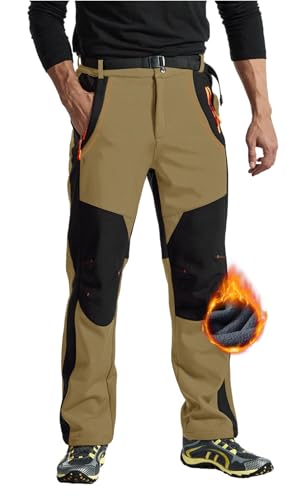 Rdruko Skihose Herren Wasserdicht Winter Softshellhose Winddicht Wanderhose Warme Winterhose Thermo Gefüttert Snowboardhose Trekkinghose mit Taschen (Khaki, 3XL) von Rdruko