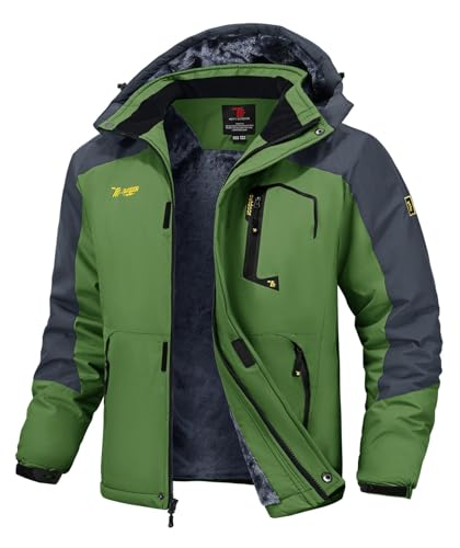 Rdruko Skijacke Herren Warme Winterjacke Gefüttert Verdickt Softshelljacke Wasserdicht Snowboardjacke Atmungsaktiv Funktionsjacke mit Abtrennbarer Kapuze(Grasgrün, L) von Rdruko