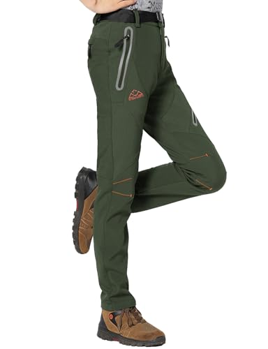 Rdruko Softshellhose Damen Winter Skihose Wasserdicht Thermohose Gefüttert Warm Winterhos Outdoorhose Wanderhose Trekkinghose mit Taschen (Rein Olivgrün, L) von Rdruko