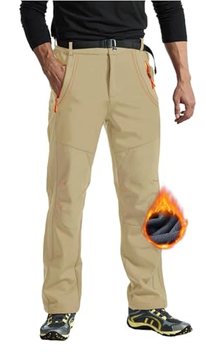 Rdruko Softshellhose Herren Winter Skihose Wasserdicht Winterhose Gefüttert Outdoor Thermohose Verdickte Wanderhose für Skifahren Wandern Camping (Flaches Khaki, M) von Rdruko