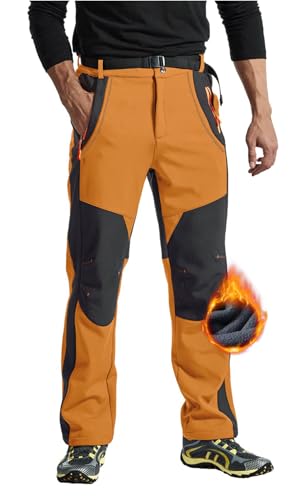 Rdruko Softshellhose Herren Winter Skihose Wasserdicht Winterhose Gefüttert Outdoor Thermohose Verdickte Wanderhose für Skifahren Wandern Camping (Orangenfarbig, XL) von Rdruko