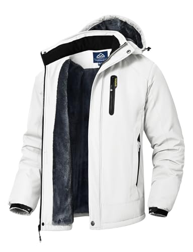 Rdruko Skijacke Herren Winterjacke Snowboardjacke Warme Fleece GefüTtert Winter Jacke Wasserdicht Funktionsjacke Männer Outdoor Wanderjacke mit Kapuze-Weiß XXL von Rdruko