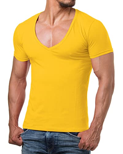 Re Rock Young & Rich Herren T-Shirt mit V Ausschnitt Slim Fit einfarbig - Man deep V-Neck Shirt – t -Shirt mit tiefem V Herren - S bis 3XL - (Gelb - 2XL) von Re Rock