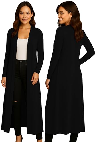 Re Tech UK Cardigan Damen - Maxi-Plus-Größe - Cardigan Damen Lang mit Kragen und Langen Ärmeln - Strickjacke Damen Lang mit Fließender Passform - Größen - Schwarz - 36-38 von Re Tech UK