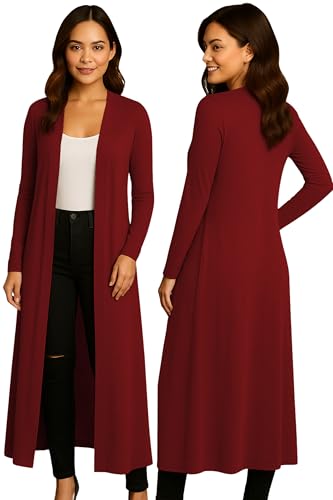 Re Tech UK Cardigan Damen - Maxi-Plus-Größe - Cardigan Damen Lang mit Kragen und Langen Ärmeln - Strickjacke Damen Lang mit Fließender Passform - Größen - Weinrot - 48-50 von Re Tech UK