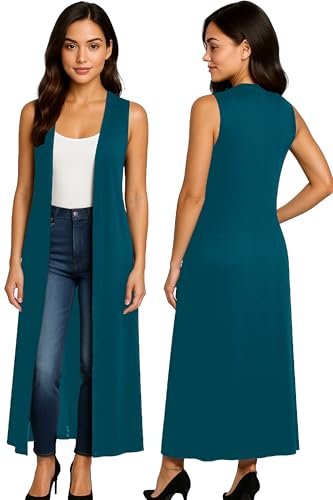 Re Tech UK - Damen Cardigan - ärmellos - lang - mit Kragen - fließender Stoff - Blaugrün - 48-50/ 2XL von Re Tech UK