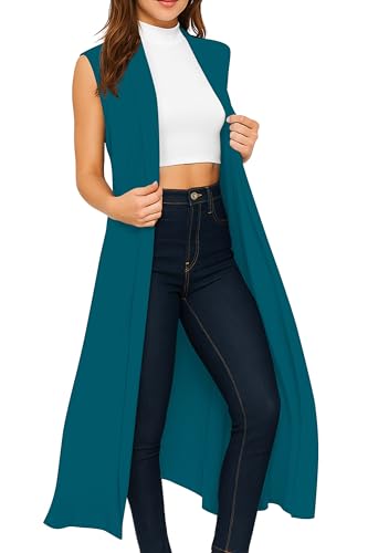 Re Tech UK - Damen Cardigan - ärmellos - lang - mit Kragen - fließender Stoff - Blaugrün - 52-54/ 3XL von Re Tech UK