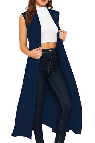 Re Tech UK - Damen Cardigan - ärmellos - lang - mit Kragen - fließender Stoff - Dunkelblau - 48-50/ 2XL von Re Tech UK
