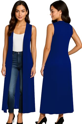 Re Tech UK - Damen Cardigan - ärmellos - lang - mit Kragen - fließender Stoff - Königsblau - 44-46/ XL von Re Tech UK