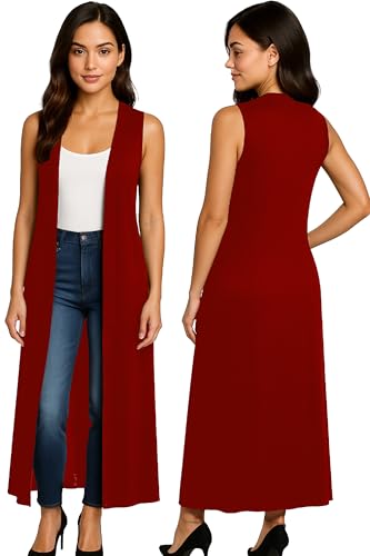 Re Tech UK - Damen Cardigan - ärmellos - lang - mit Kragen - fließender Stoff - Rot - 44-46/ XL von Re Tech UK