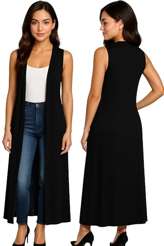 Re Tech UK - Damen Cardigan - ärmellos - lang - mit Kragen - fließender Stoff - Schwarz - 44-46/ XL (L/XL) von Re Tech UK