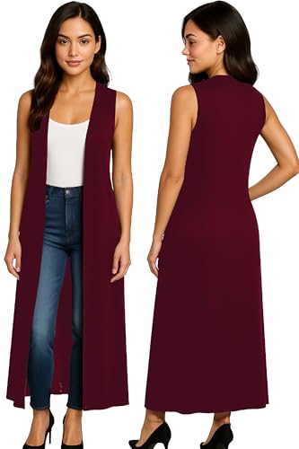 Re Tech UK - Damen Cardigan - ärmellos - lang - mit Kragen - fließender Stoff - Weinrot - 48-50/ 2XL von Re Tech UK